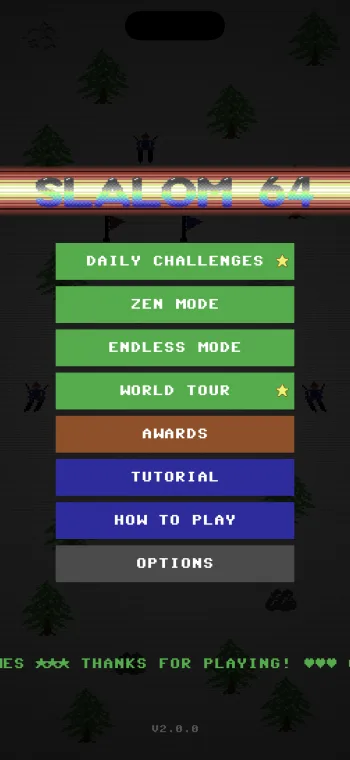 Slalom 64 main menu in C64 pixel art style