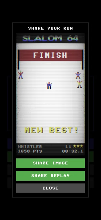 Slalom 64 share card and animated replay of a run